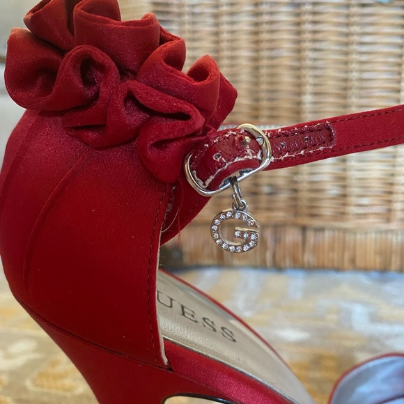 GUESS Red Satin Ankle Strap Heels - Picture 2 of 8